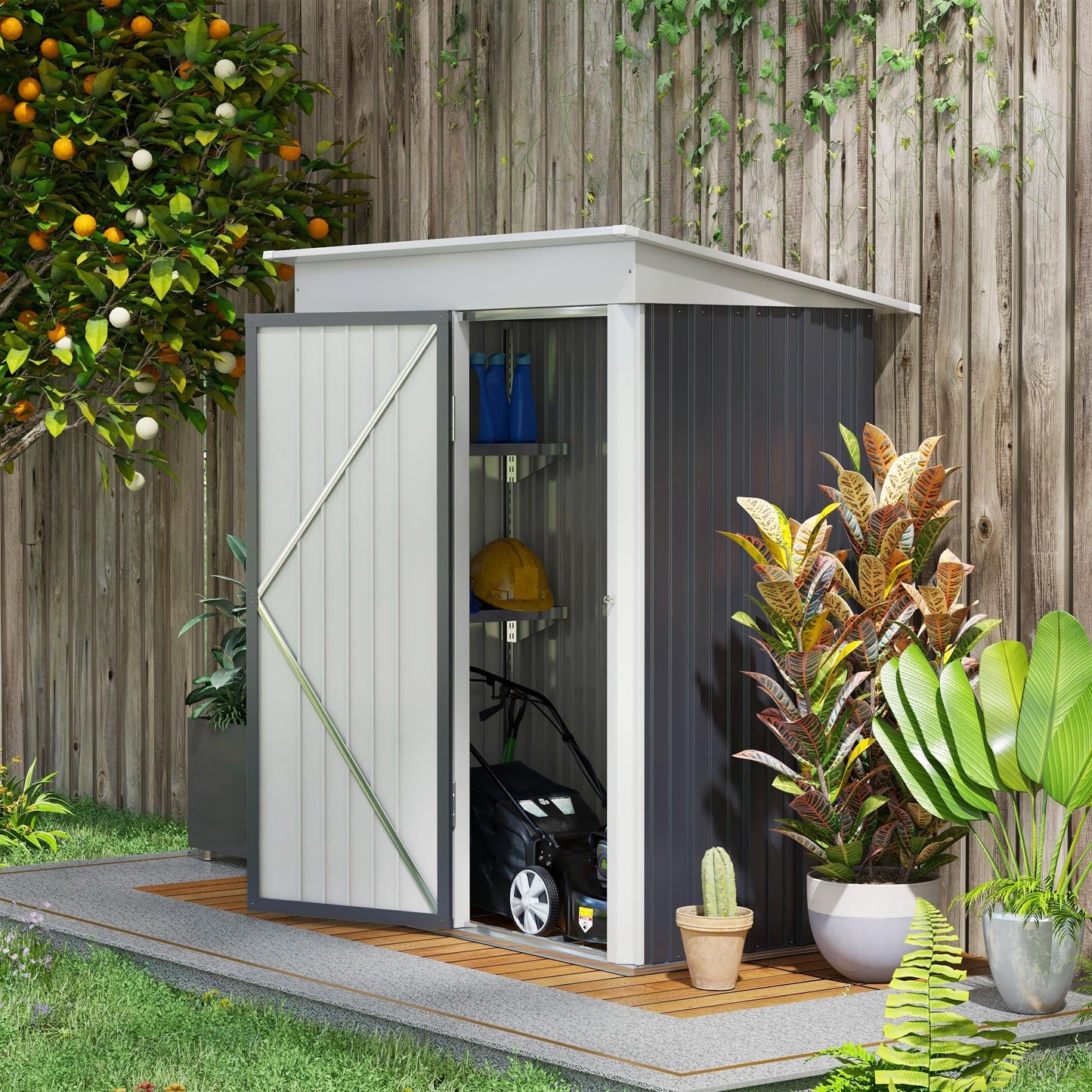 Outsunny 5x3ft Garden Shed, Steel Small Shed, Outdoor Lean-to Shed with Adjustable Shelf, Lock and Gloves for Patio, Garden, Dark Grey with Foundation Kit