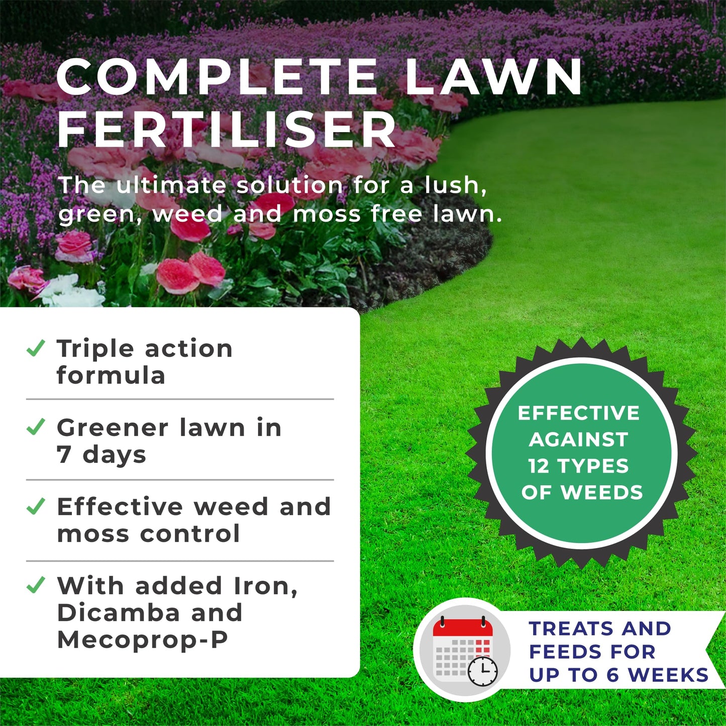 Grow Chem Complete Lawn Fertiliser (1KG Bucket) – Lawn Feed, Weed & Moss Killer - (Treats 32m Sq) - Stronger Turf & Greener Grass - All in One Lawn Treatment with Iron, Dicamba & Mecoprop-P