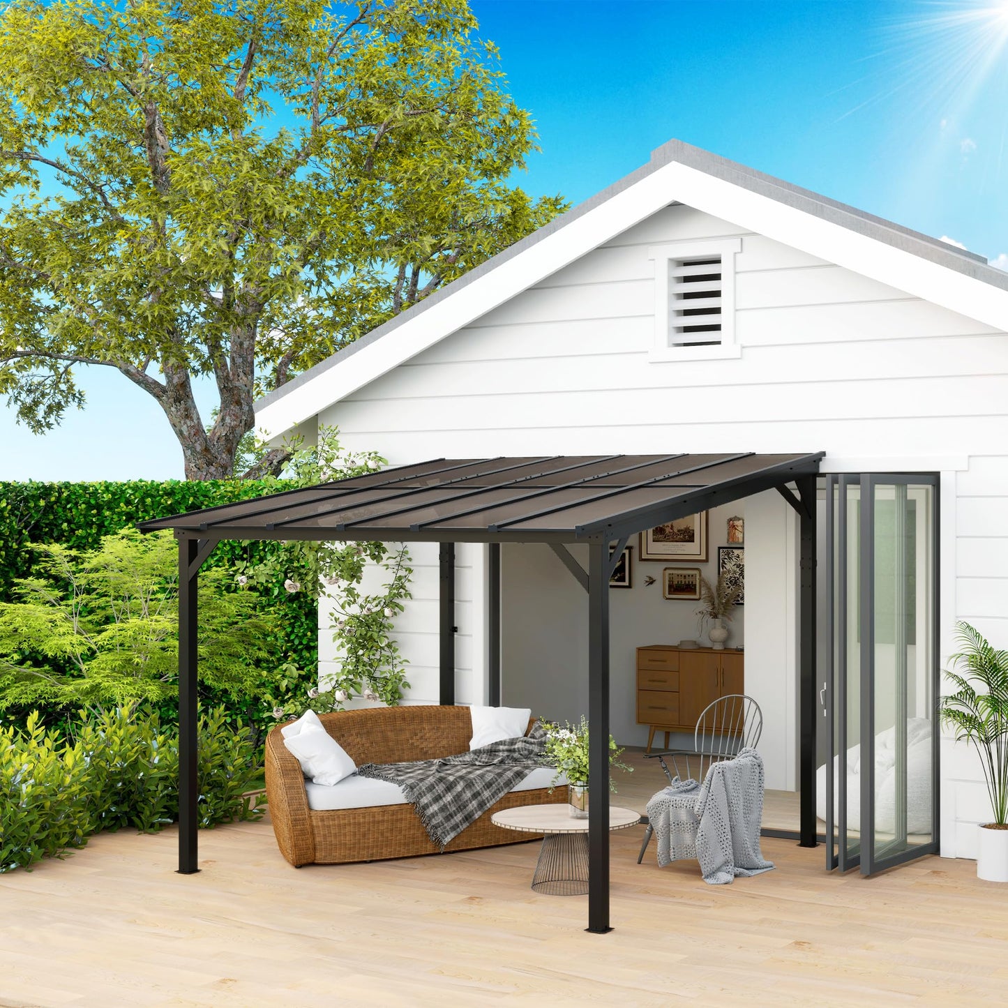 Outsunny 3 x 3(m) Metal Pergola with UPF 50- and Waterproof Polycarbonate Roof, Wall-Mounted or Free Standing Garden Gazebo, Wind-resistant Outdoor Sun Shade, Dark Grey