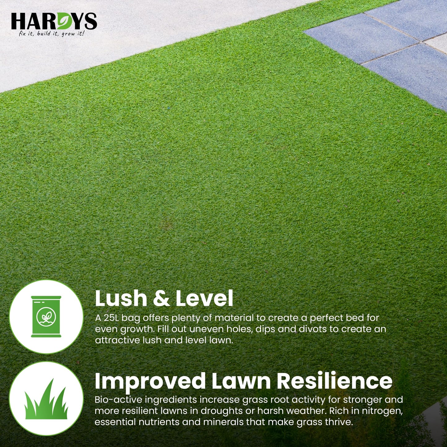 Hardys 25L Sandy Loam Lawn Dressing Top Soil - Enriched Organic Lawn Sand & Garden Soil Improver | Ideal for Fixing, Levelling, Overseeding - Fine Top Compost for Garden Grass Seeding