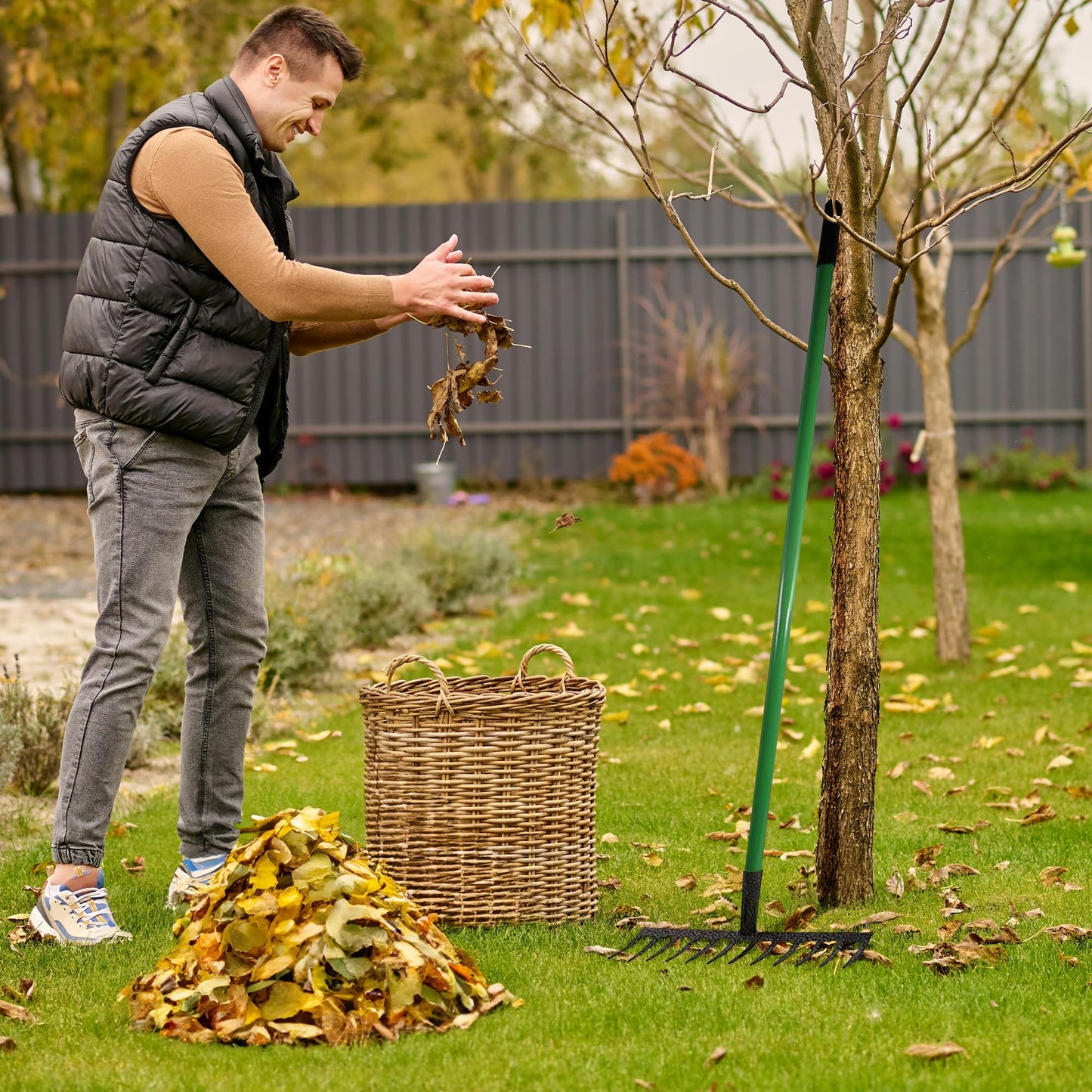 12 Teeth Lawn Rake with PVC Grip - Shaft Garden Handle Leaf Metal Head Carbon Steel Heavy Duty Raker | Gardening Hand Tool | for Raking, Weed Removal and for Working the Soil Grass Leaves