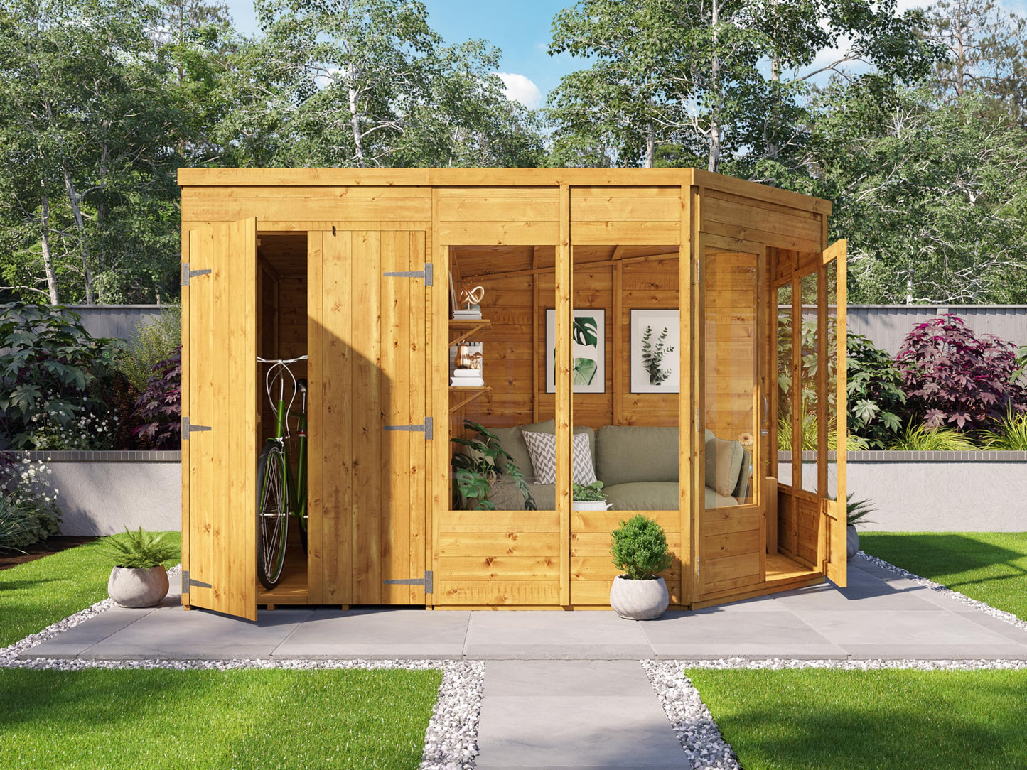 BillyOh Corner Summerhouse Log Cabin with Side Garden Storage Shed 11 x 7 Wooden Summer House Penton Summerhouses 11x7 Spray Treated (Store on Left)