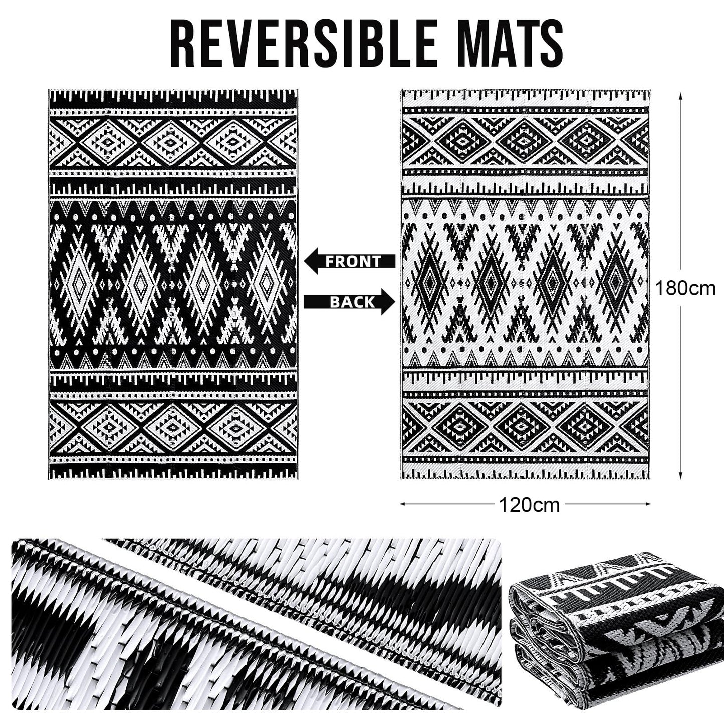 Homaxy Waterproof Outdoor Rug, Anti-slip Reversible UV Resistant Garden Rugs, Easy Cleaning Carpet Patio Area Rugs for Camping, Deck, Beach, Picnic, Backyard (120 x 180 cm, Black & White)