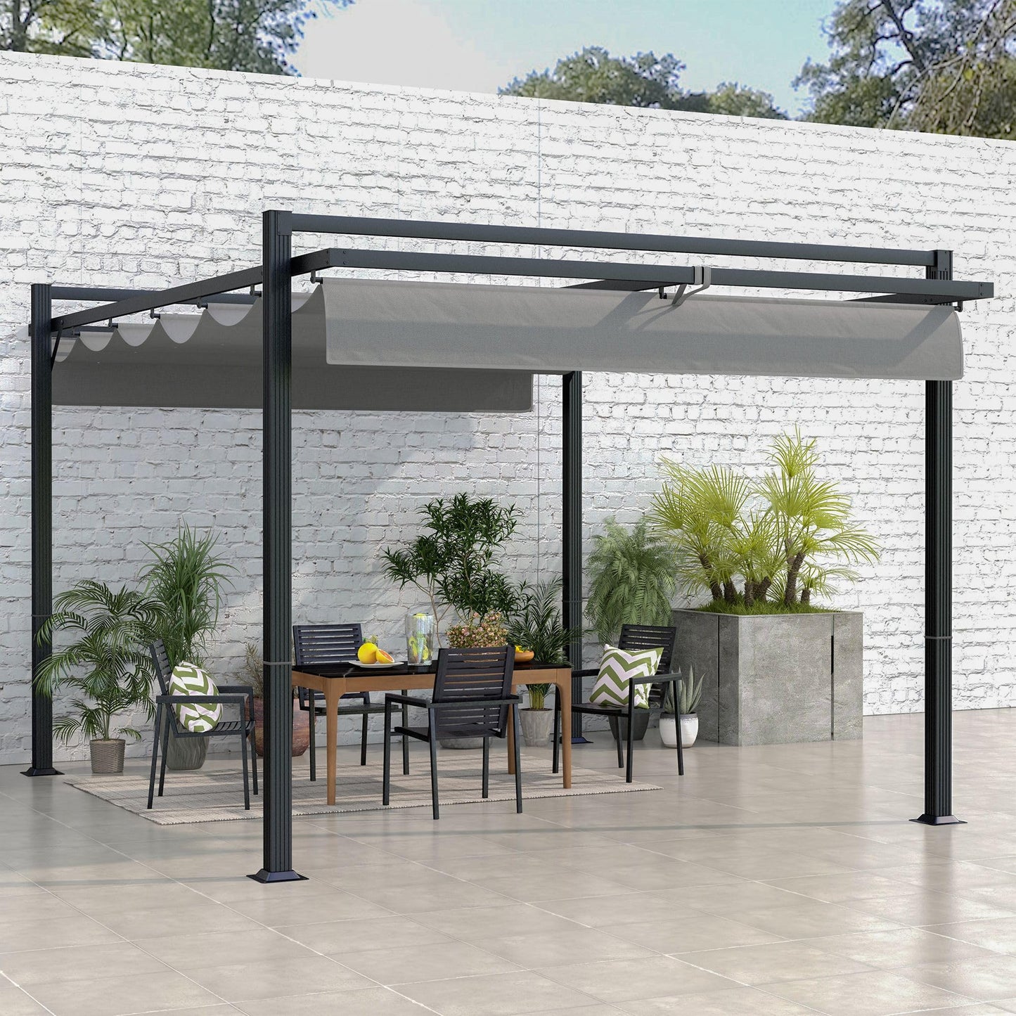 Outsunny 3 x 4m Pergola with Retractable Roof Canopy, Aluminium Frame Garden Gazebo Outdoor Sun Shade Shelter for Grill, Patio, Deck, Dark Grey