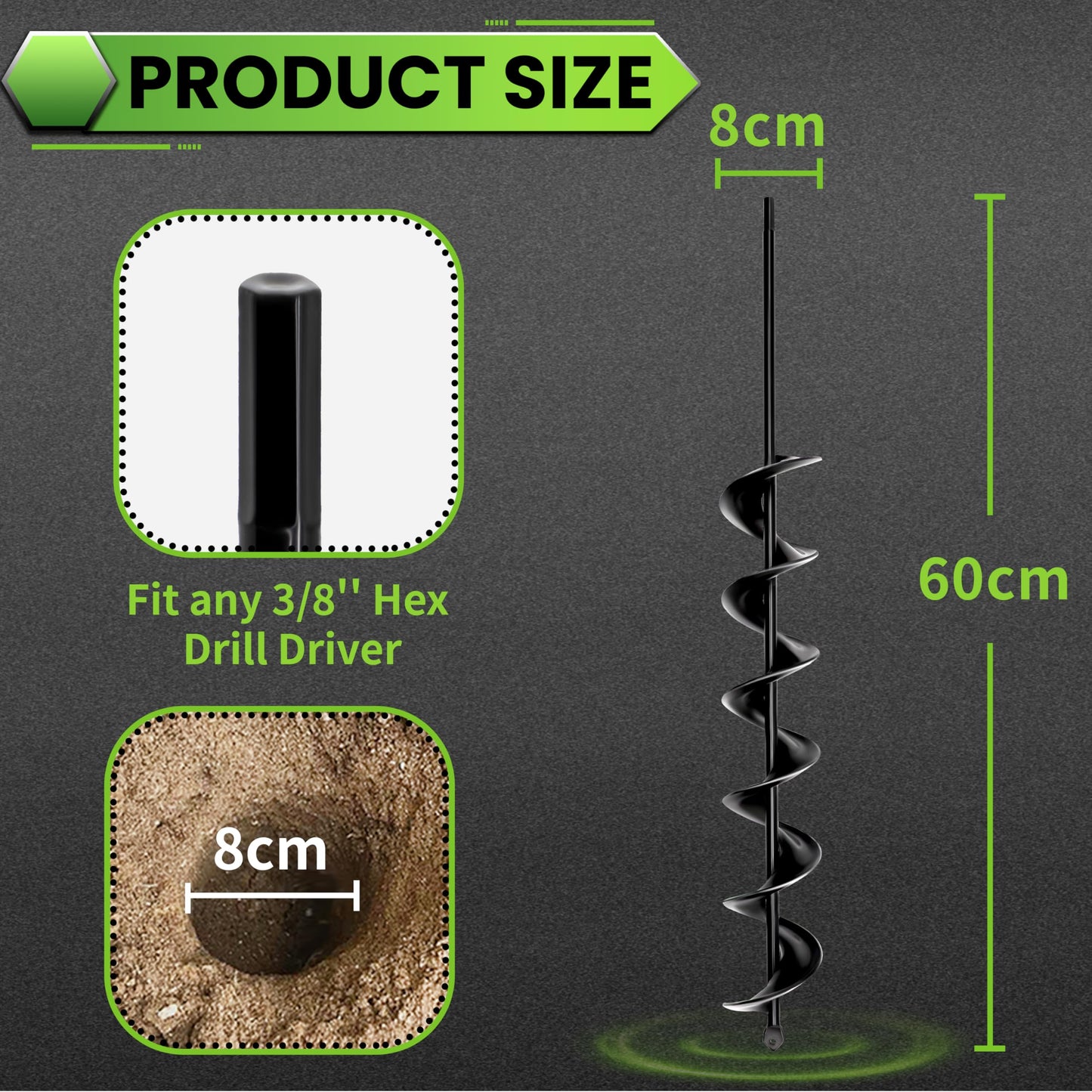 Garden Auger Drill Bit 8x60cm,Extended Solid Post Hole Digger,Auger Spiral Drill Bit For Bulb Planters Planting, Fence Post Repair,Bulbs Seedlings,Bulb Planting Auger Black