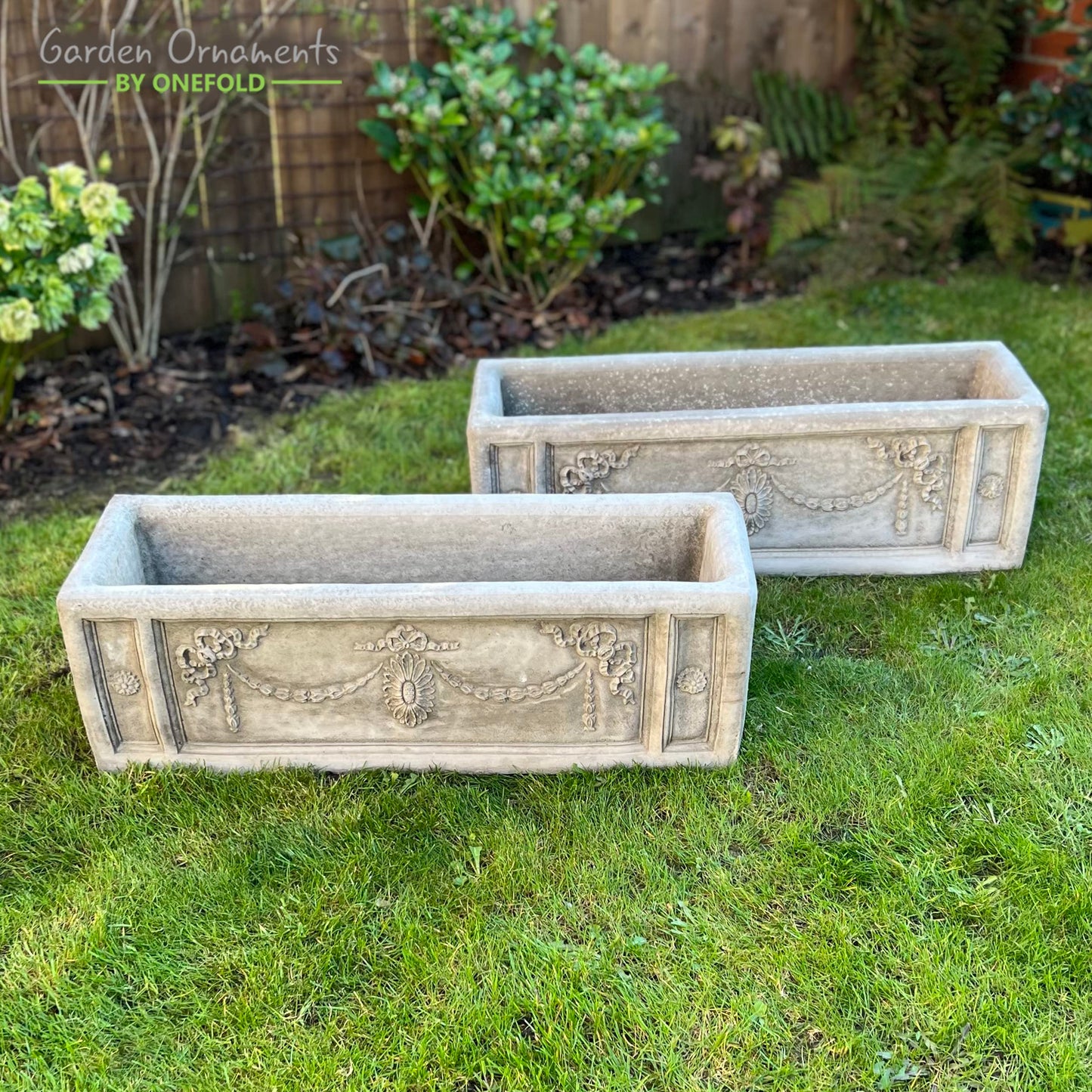 SET OF 2 LARGE DECORATIVE STONE TROUGH OUTDOOR GARDEN PLANTER PLANT POTS WITH DRAINAGE HOLE