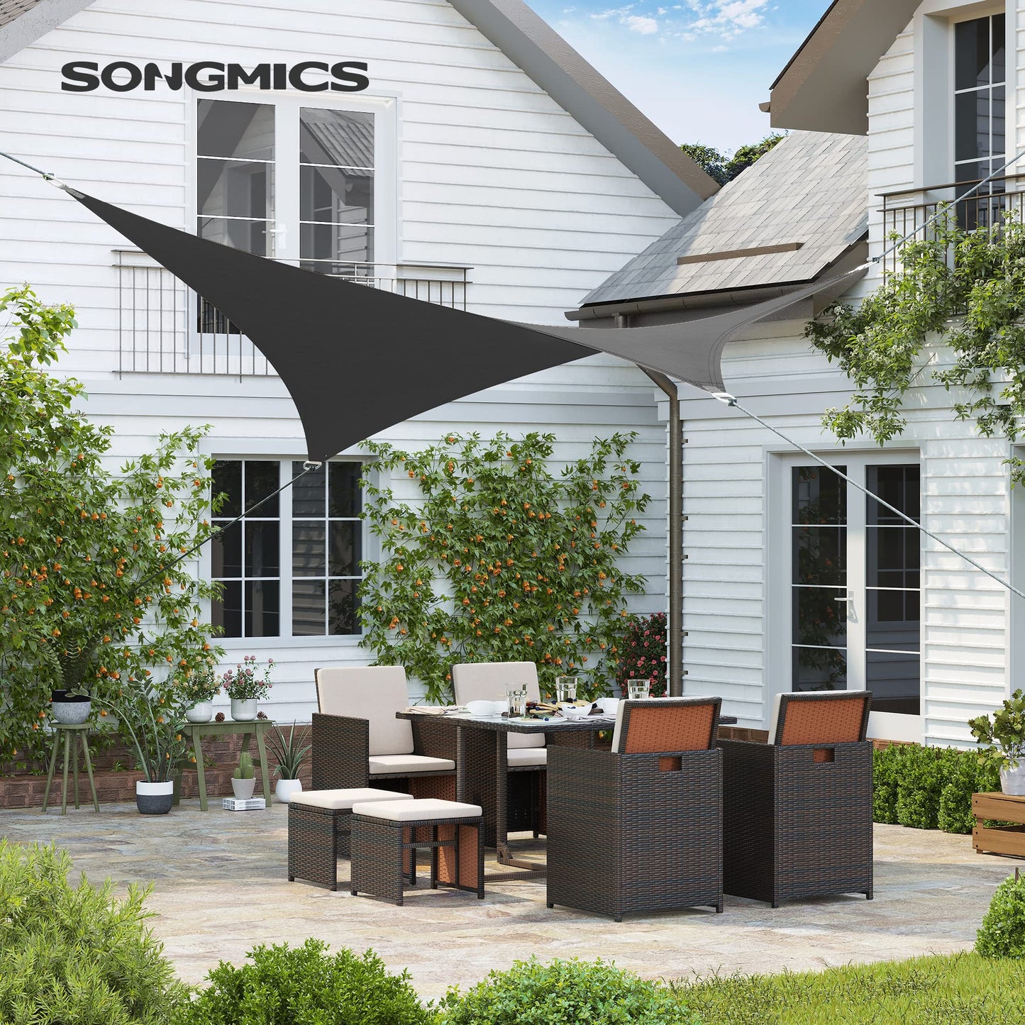 SONGMICS GSS22GY Sun Shade Sail, 2x2m HDPE Fabric Sun Protection Air Permeable Canopy for Patio Garden Balcony Camping Square Concave 2m Ropes Smoke Grey GSS22GY