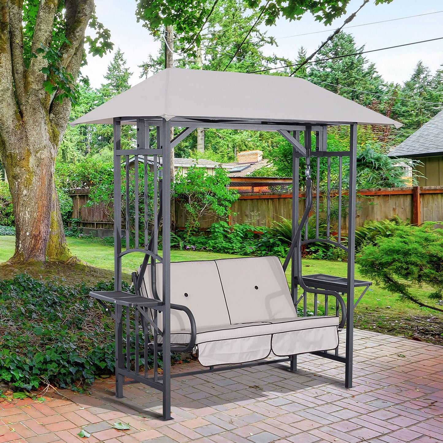Outsunny Outdoor Garden 2 Seater Canopy Swing Chair Seat Porch Loveseat Vintage Hammock Cushioned Seat w/and Side Drink Panel