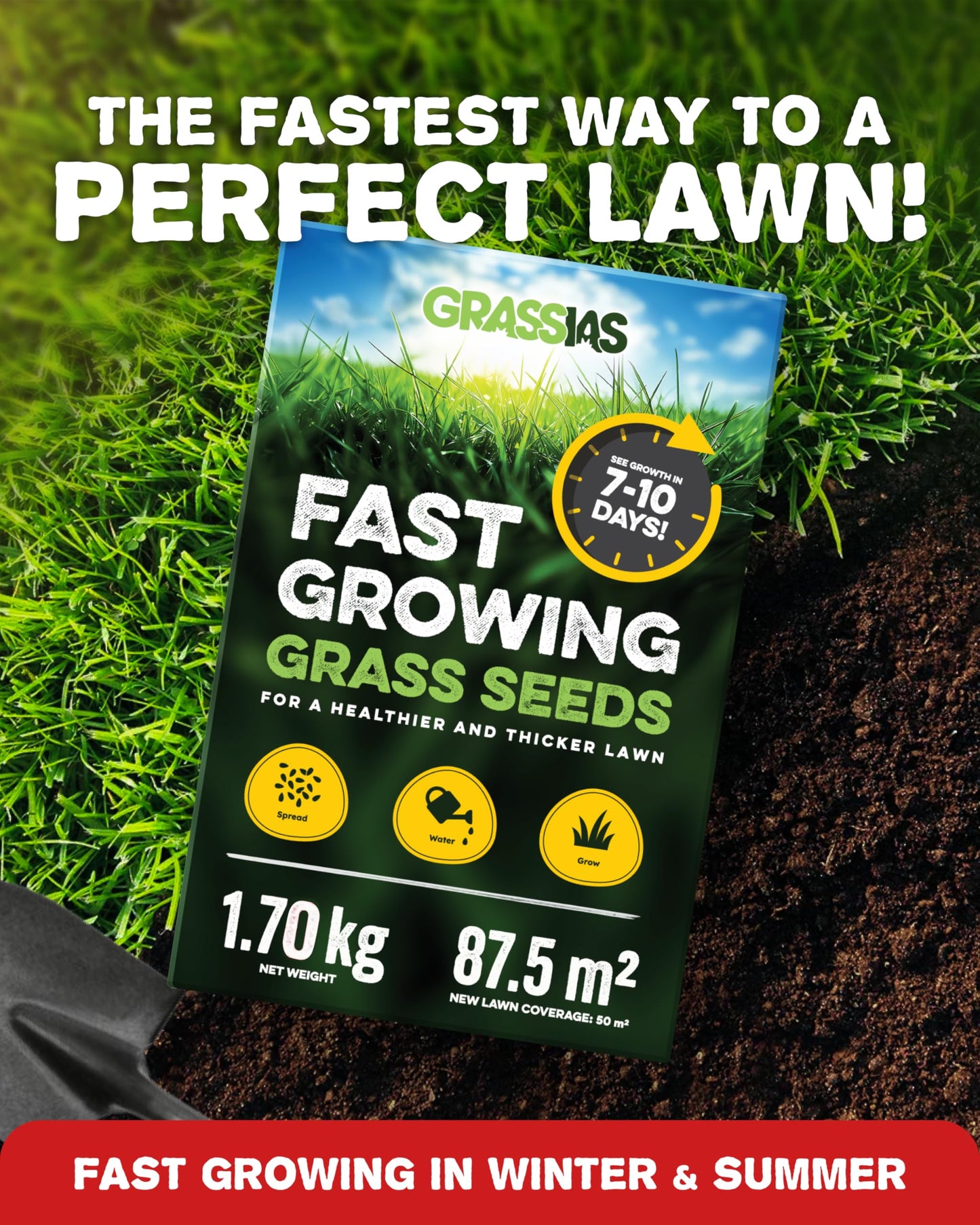 Grassias Fast Growing Grass Seed – 1.70KG Premium Quality Lawn Seed for Overseeding & New Lawns – Hard Wearing & Pet Friendly - Perfect for UK Lawns - Winter & Defra Approved
