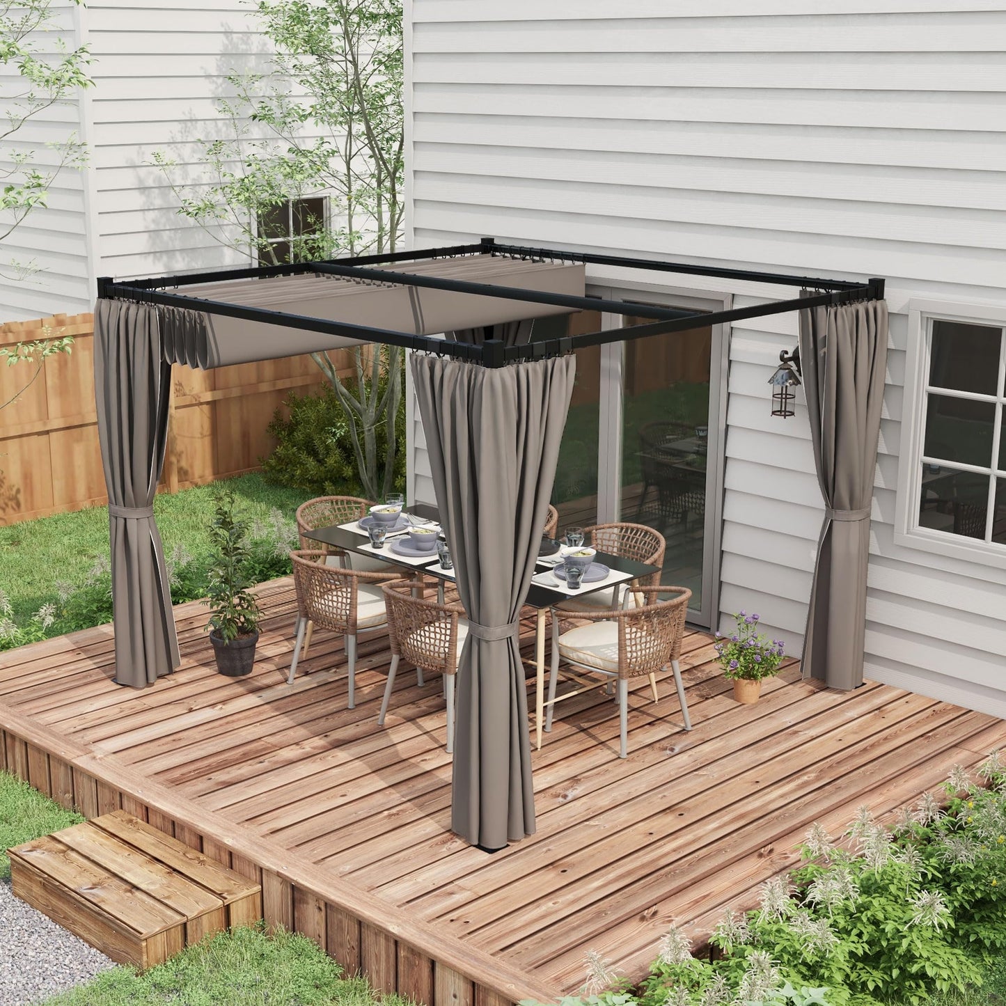Outsunny 3 x 3(m) Pergola with Retractable Roof Canopy and Curtains, Metal Frame Garden Gazebo Outdoor Sun Shade Shelter for Grill, Patio, Deck, Light Grey