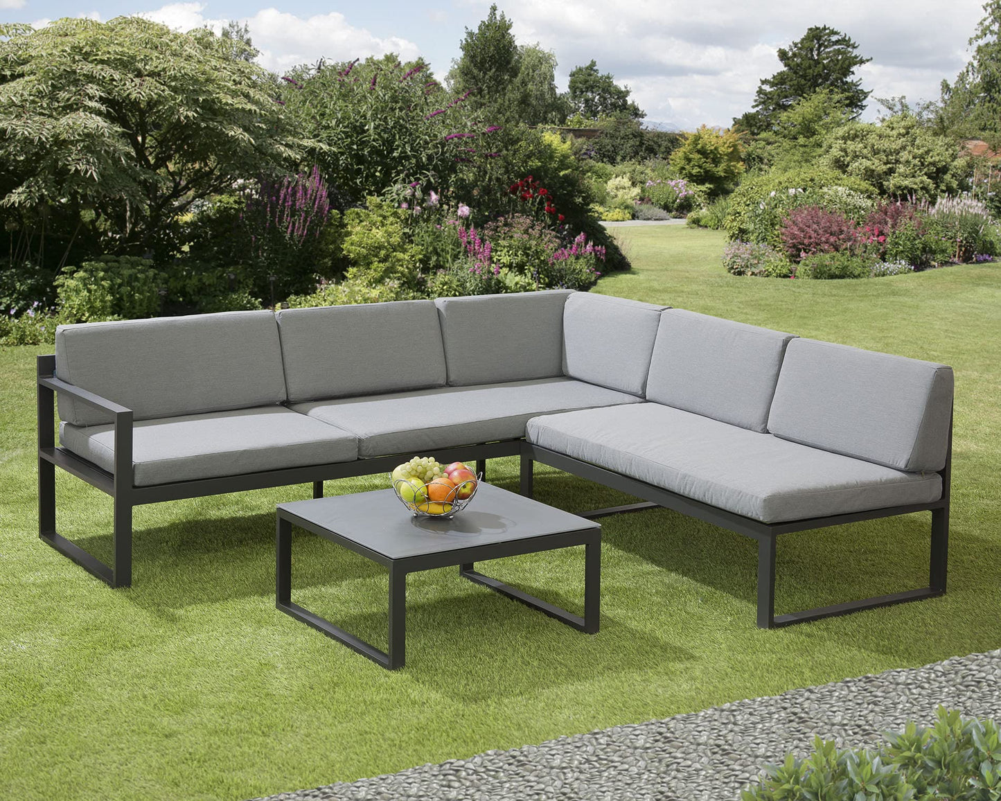 Garden Store Direct Sydney Aluminium Large Corner Lounge Set w/Textured Glass Coffee Table. Convertable Into Sunlounger. Ready Assembeled, Unpack & Enjoy!
