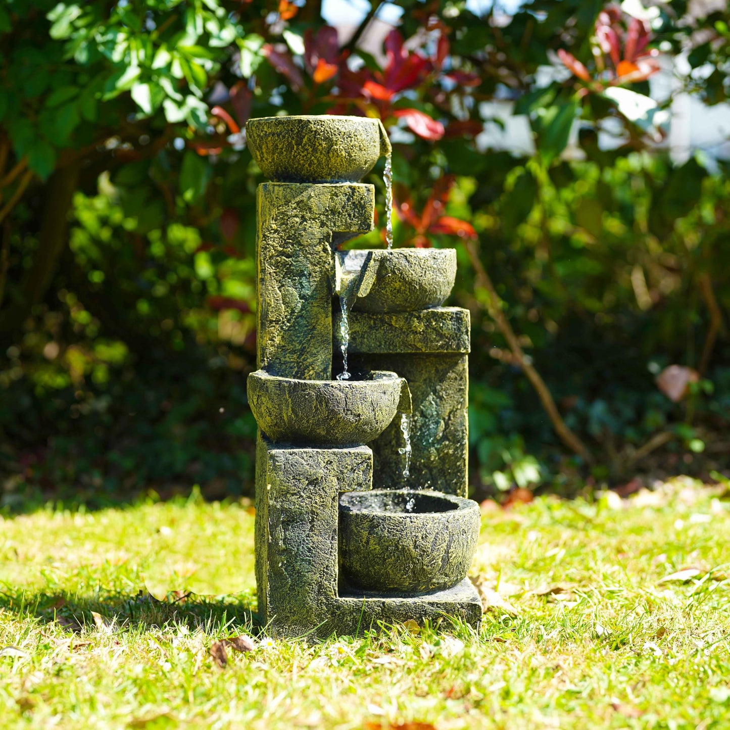 GEEZY Garden Water Feature – 4 Tier Fountain with LED Lights – Mains Powered, Self-Contained, Indoor & Outdoor – Easy Setup, Cascading & Tranquil – Great for Garden, Home, Patio & Balcony Decor