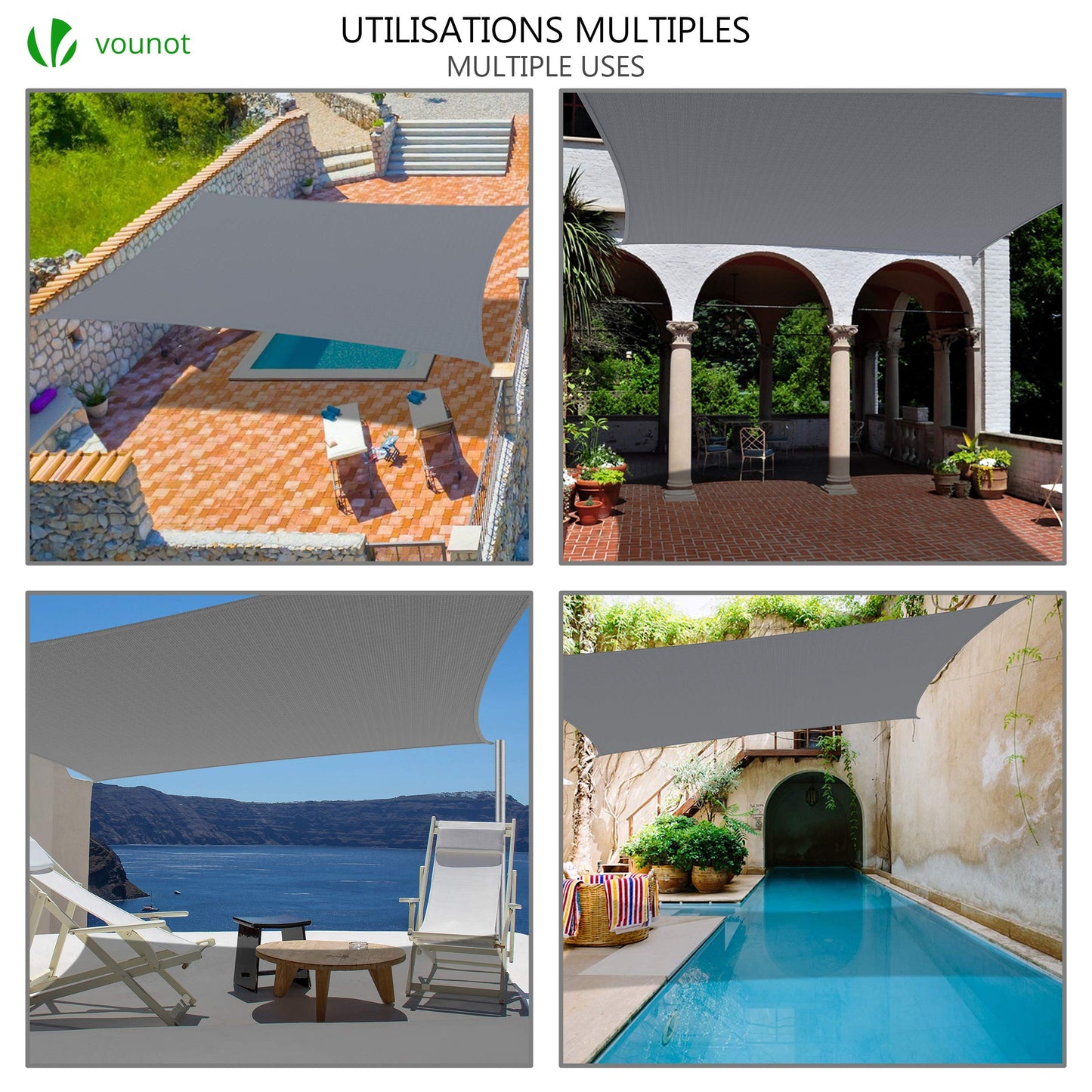 VOUNOT® Sun Shade Sail Rectangle with Fixing Kit, 95% UV Block Breathable HDPE Awning, Sunscreen Canopy for Outdoor Garden Patio Lawn, Grey 3x2.5 m