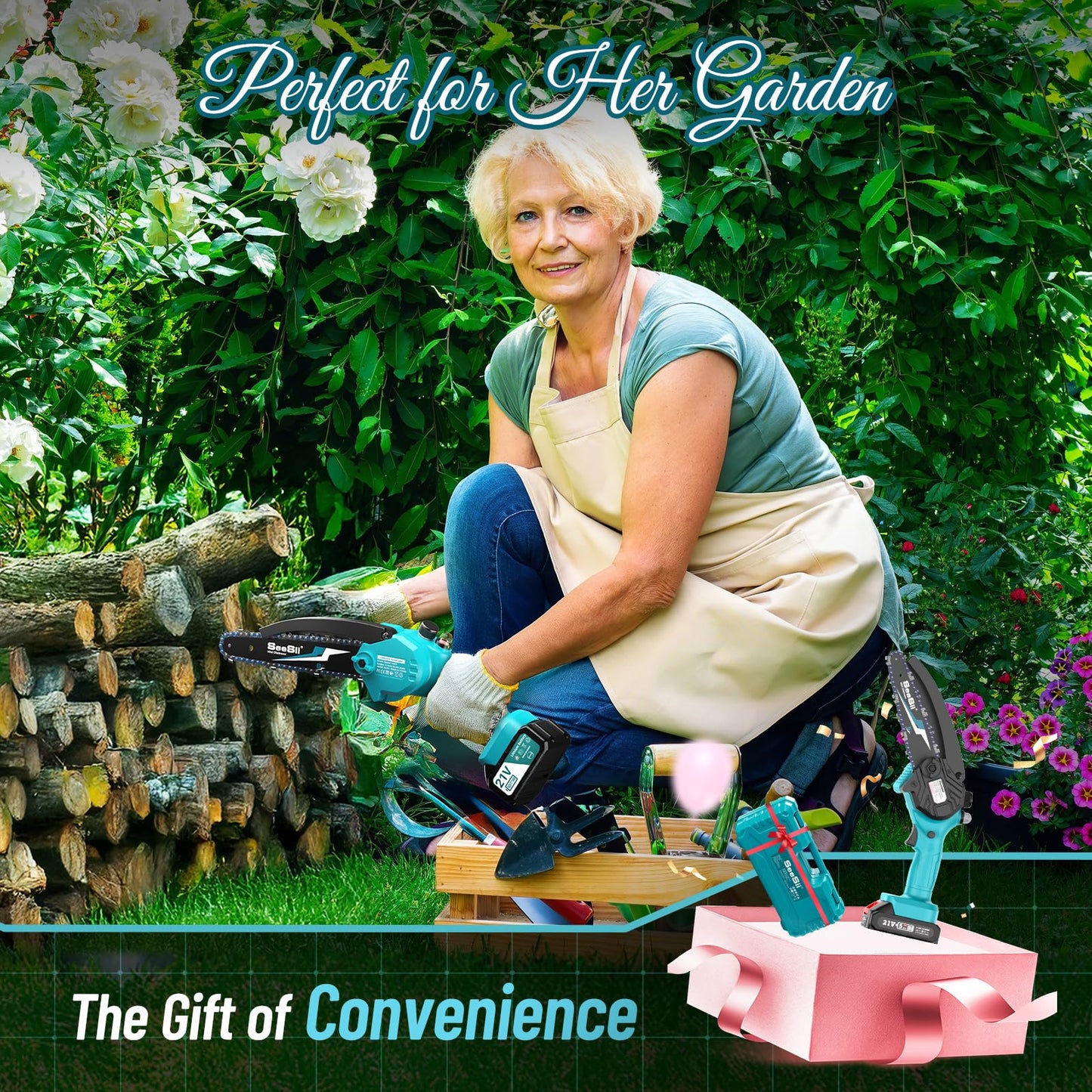 Seesii Mini Chainsaw Cordless 6 Inch with 2×4000mAh Batteries, Electric Saws for Tree Branches, Battery Powered Handheld Small Chain Saws for Limb Trimming Cutting,Gift for Men Dad Husband