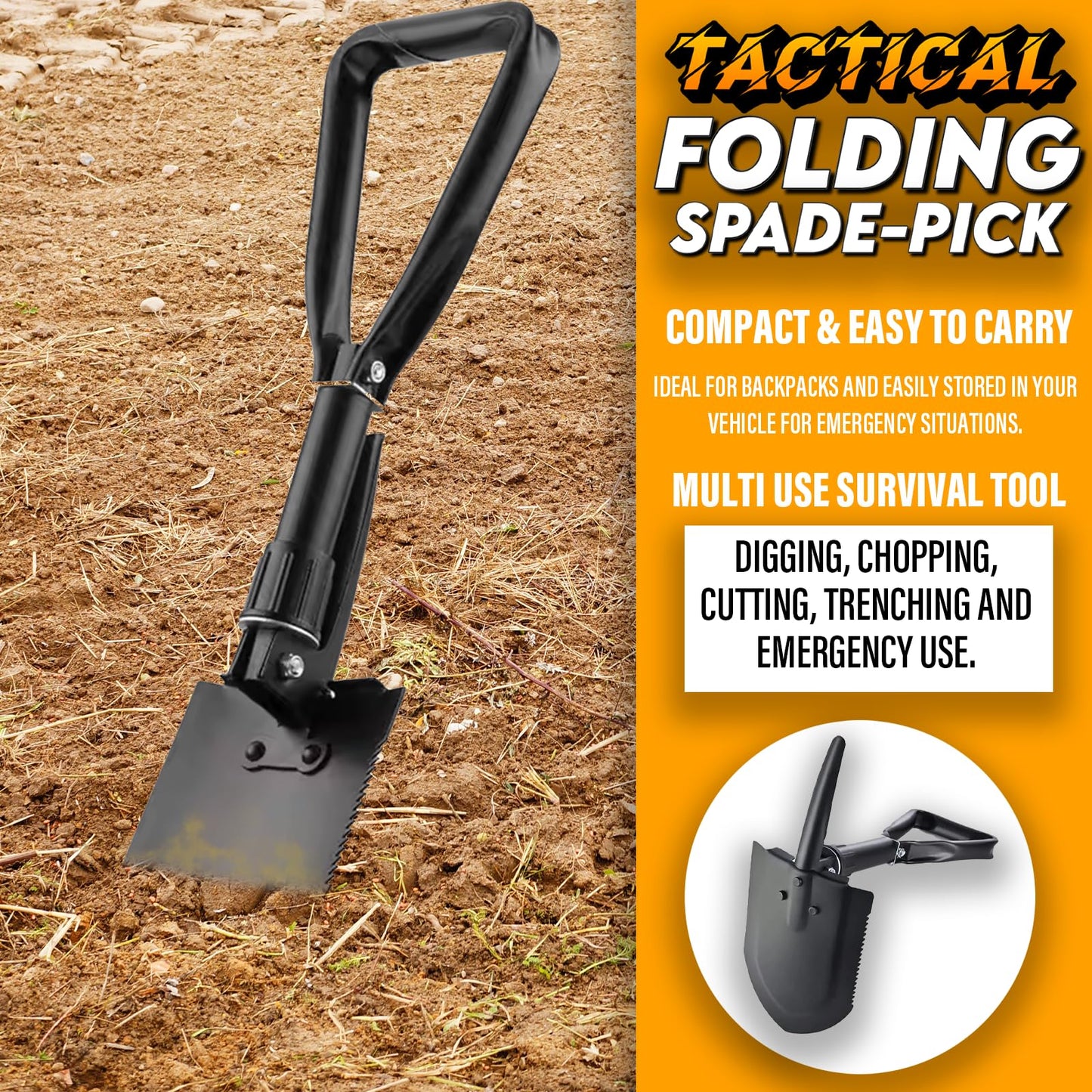Xtremeauto Military Folding Shovel – 23'' Compact High-Carbon Steel Survival Shovel with Pick, Portable Multi-Tool for Camping, Hiking, Fishing, Emergency, Gardening, for Outdoor Enthusiast