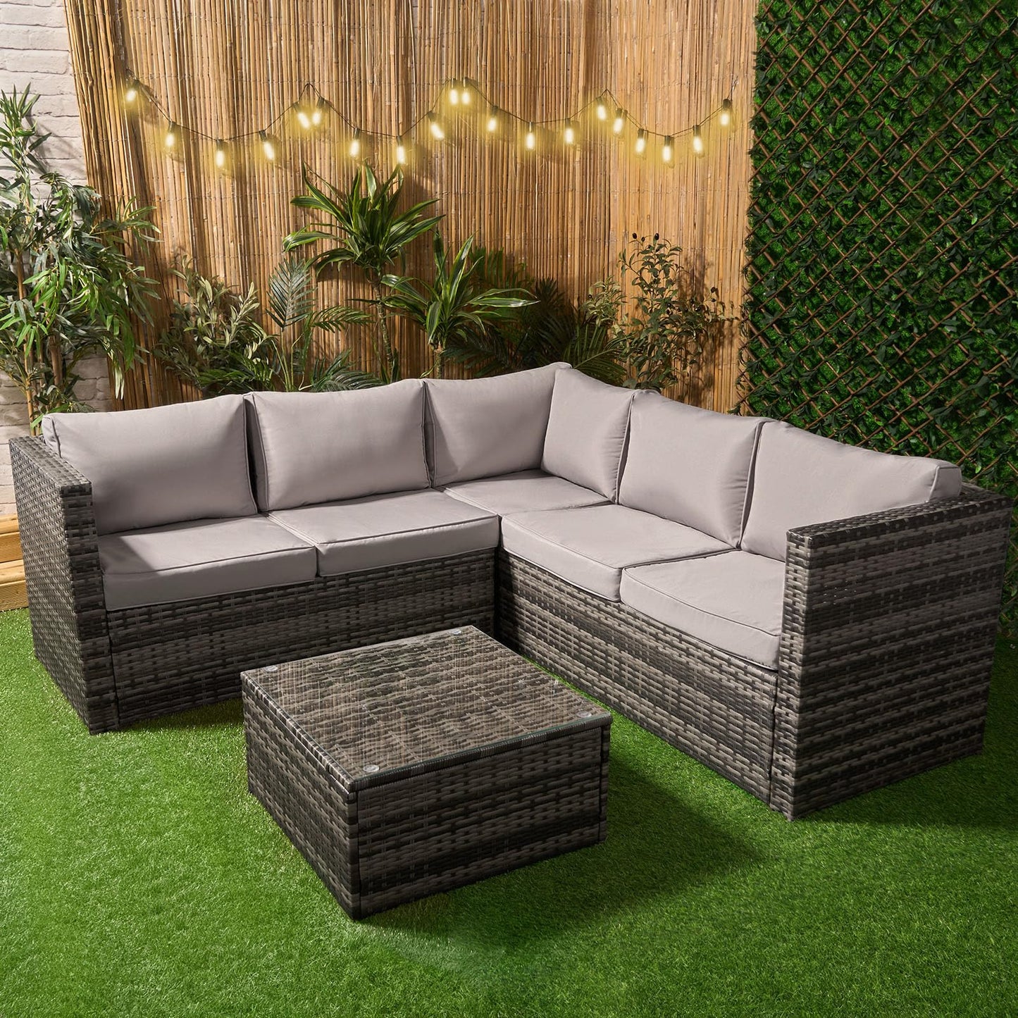 OHS Rattan Garden Furniture, 5 Seater Garden Corner Sofa with Table Set Outdoor Seating Patio Conservatory Wicker Table Soft Cushions - Grey