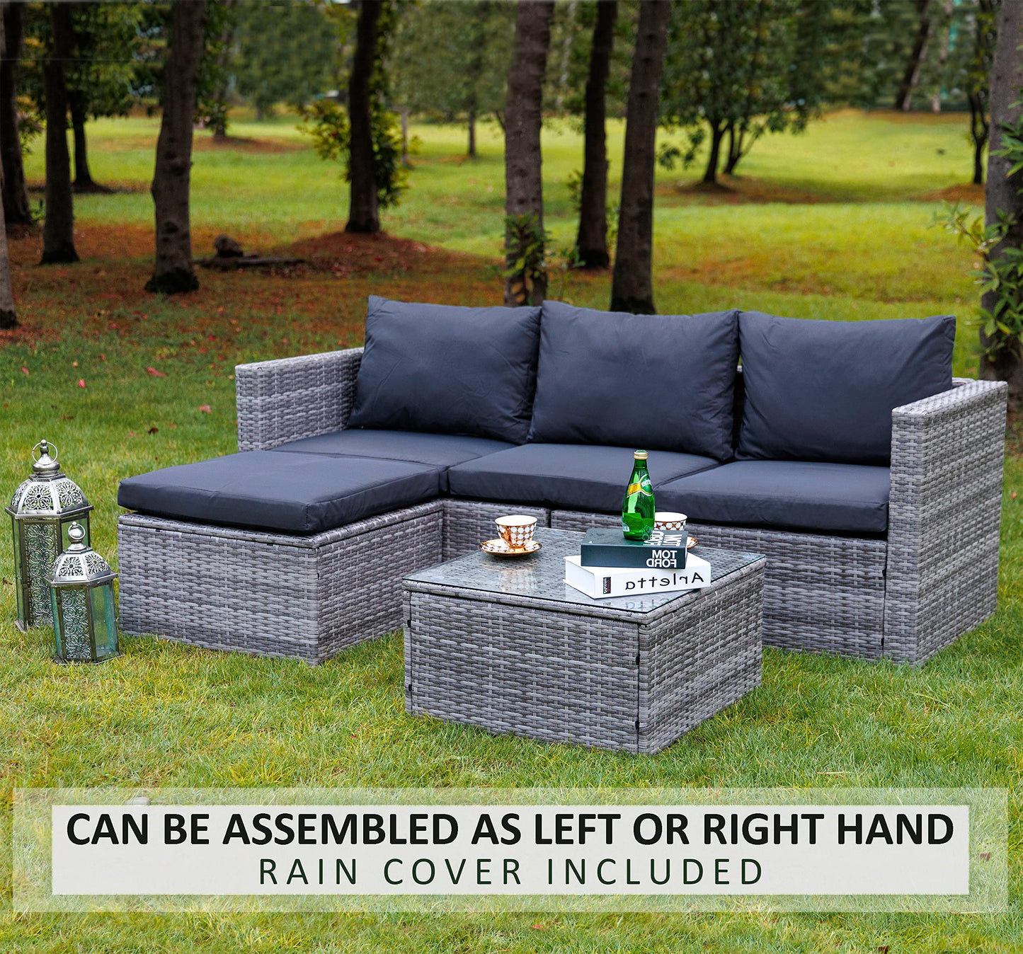 GOODS EMPORIUM Rattan Garden Corner Sofa with Coffee Table Patio Furniture- 3 to 4 Seater Rattan Corner Sofa Garden Furniture Sets - FREE RAIN COVER INCLUDED (Grey Mixed With Dark Grey Cushions)