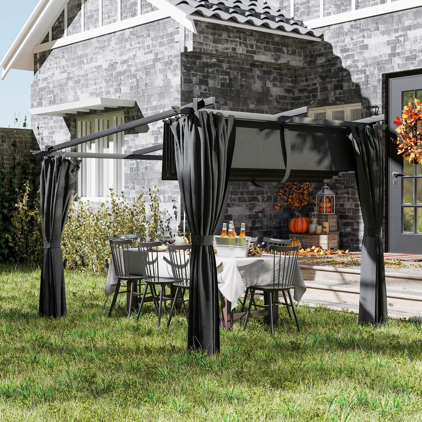 Outsunny 3 x 3(m) Metal Pergola with Retractable Roof and Sidewalls, Garden Gazebo UPF30- Sun Shade Shelter for Outdoor, Patio, Deck, Dark Grey