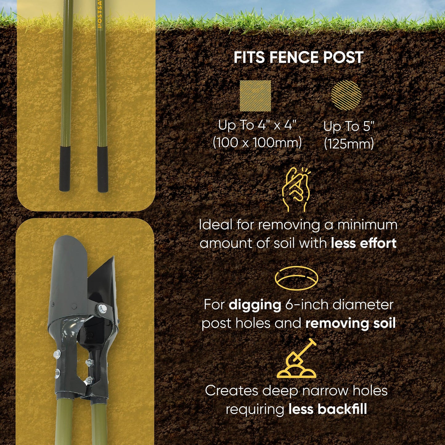 Postsaver Post Hole Digger | Heavy-Duty Fencing Spade for Professional or DIY Use | Fence Post Shovel Steel Handles | Digs Up to 6-Inch Holes | Fencing Spade (Post Hole Digger)