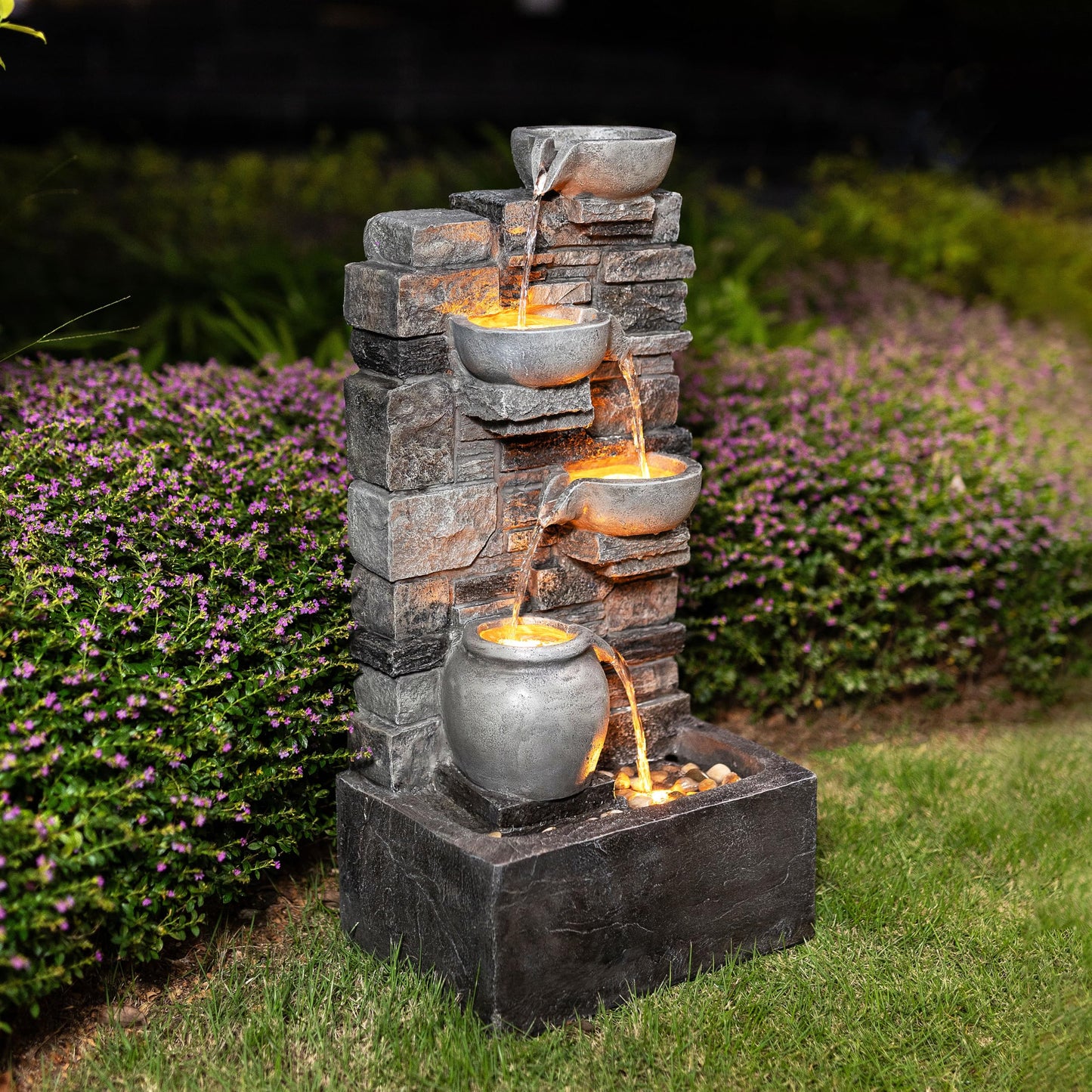 Teamson Home 72.3 cm Outdoor 4-Tier Stacked Stone Cascading Water Fountain with LED Lights, Gray