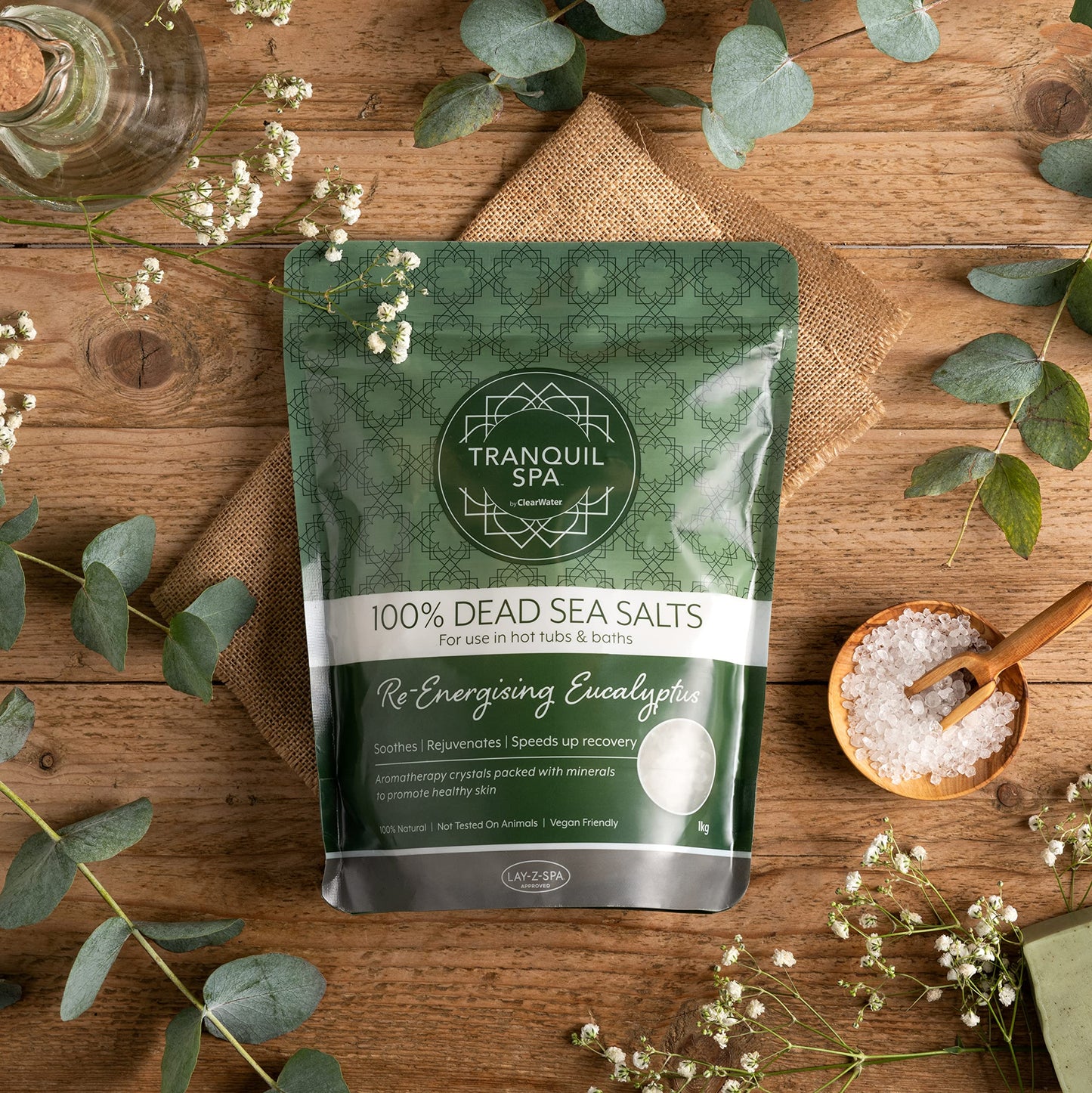 Clearwater Tranquil Spa 100% Dead Sea Salt 1KG, Bath and Hot Tub Salts, Hot Tub Fragrance, Natural Minerals, Re-Energising Eucalyptus