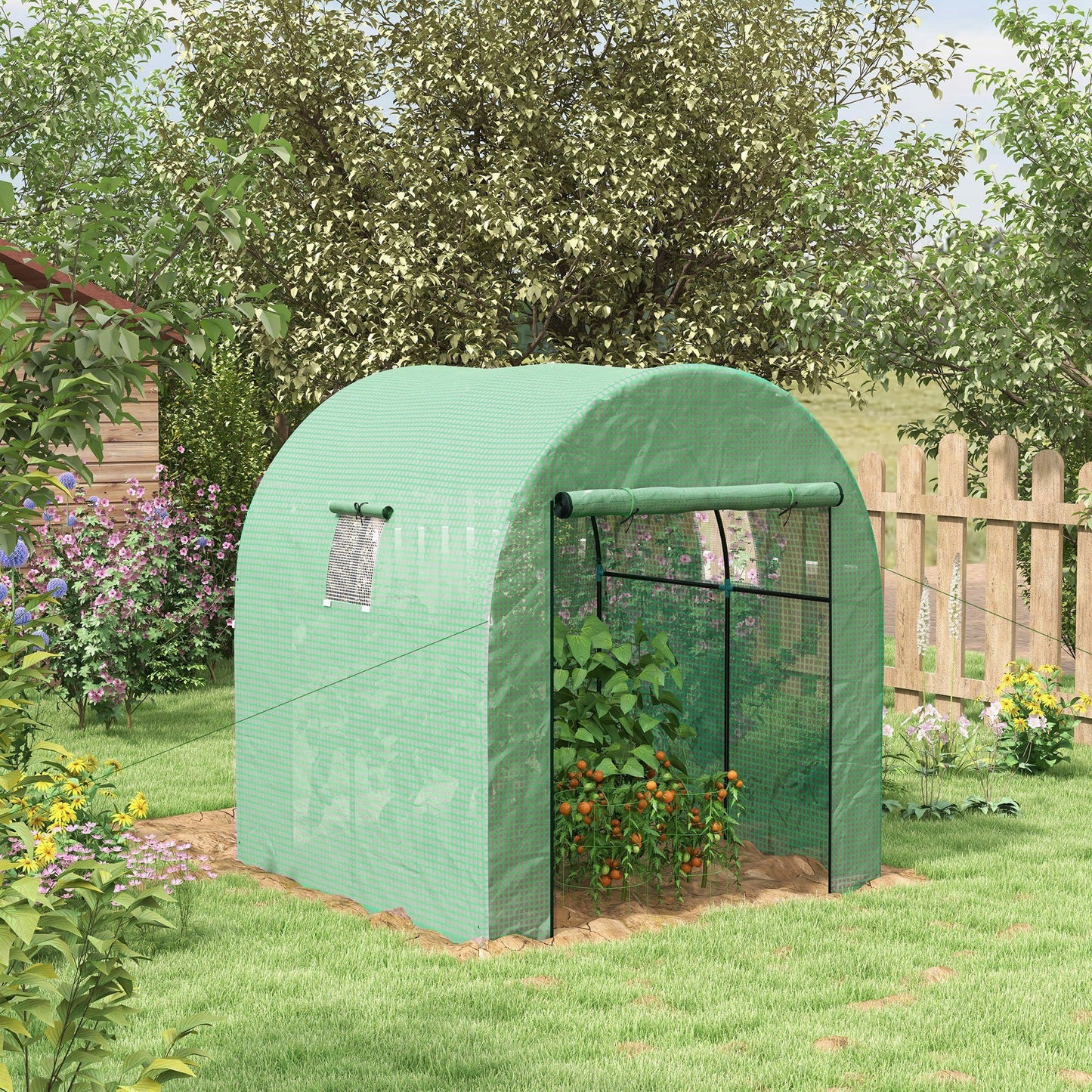 Outsunny 1.8 x 1.8 x 2m Polytunnel Greenhouse with Doors and Mesh Windows, Walk-in Grow House Tent with UV-resistant PE Cover and Steel Frame, Green