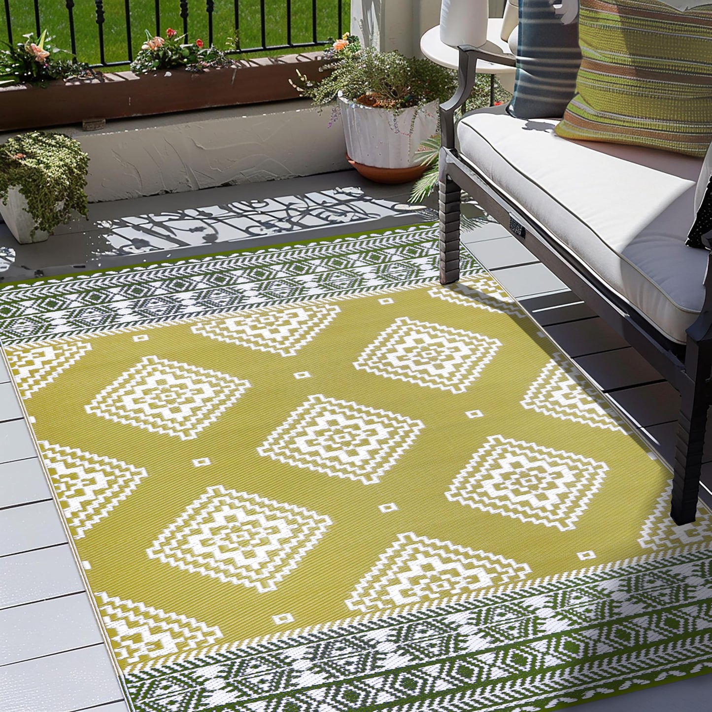 Green Decore Reversible Recycled Plastic Outdoor Rugs | Perfect for Garden, Patio, Picnic, Decking | Stain And Water Resistant | Venice Golden Green and Deep Forest Green, 120 x 180 cm