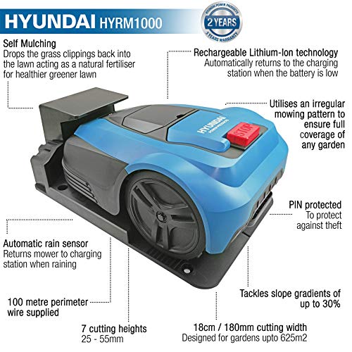 Hyundai Robot Lawnmower, 625sq Metre, Smart Mowing Functionality Robot Mower with 2 Year Warranty