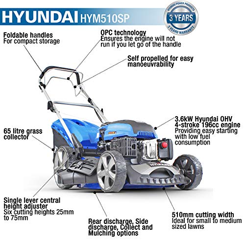 Hyundai 196cc Petrol Lawnmower, 20" 51cm 4 Stroke, Self Propelled Lawn Mower, Easy Starting with Six Cutting Heights, 70L Grass Bag & 3 Year Warranty