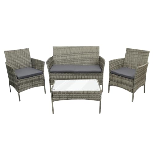 COZYBRITE Rattan Garden Furniture Sofa Set with Cover Coffee Table Chairs 4 Seater for Outdoor Patio Balcony 6210-B (Mixed Grey-Dark Grey Cushions)