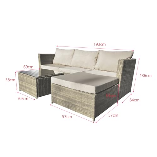 COZYBRITE Garden Corner Sofa Rattan Furniture Set 4 Seater Patio Outdoor Lounge Settee with Glass Coffee Table & Cover All-weather SFS066 (Mix Brown Rattan-Brown Cushion)