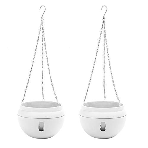 FYOBOT 2Pcs Plastic Hanging Planter Self Watering Basket with Hooks, Hanging Flower Pot with Detachable Base White