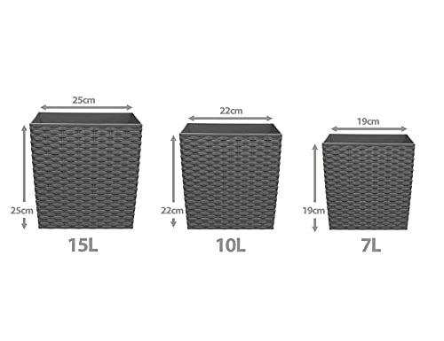 simpahome 7 Litre Cubie Rattan Plastic Planters - Grey, Set of 2 Pots - 19cm (H) x 19cm (W) x 19cm (D)