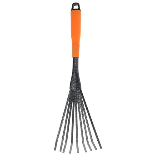 SINJEUN 4 PCS Mini Garden Rakes, 9 Claws A3 Steel Hand Leaf Rakes with Orange Black Handle, Fallen Leaves Rakes for Gardening