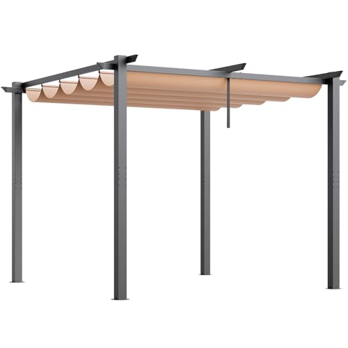 VEVOR 10'x10' Outdoor Retractable Pergola with Canopy, Aluminum Pergola with Retractable Canopy, Modern Style, Sun Shade for Patios, Gardens, Decks, Backyards (Beige)