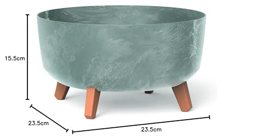 Medium Round Low Modern Look Planter Flower Plant Pot Indoor Outdoor Garden Decor Wooden Look Legs (Concrete)