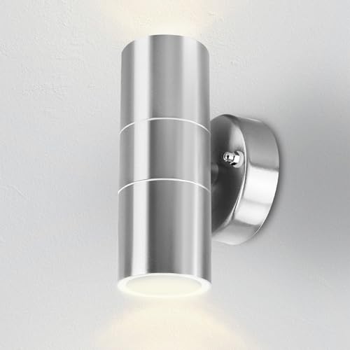 Kerry Outdoor Wall Lights, LED Up Down Mains Powered Lighting, Silver Stainless Steel IP44 Waterproof, Exterior Wall Sconce for Indoor, Front Door, Patio, Hallway, Porch, Garden, Garage, Post