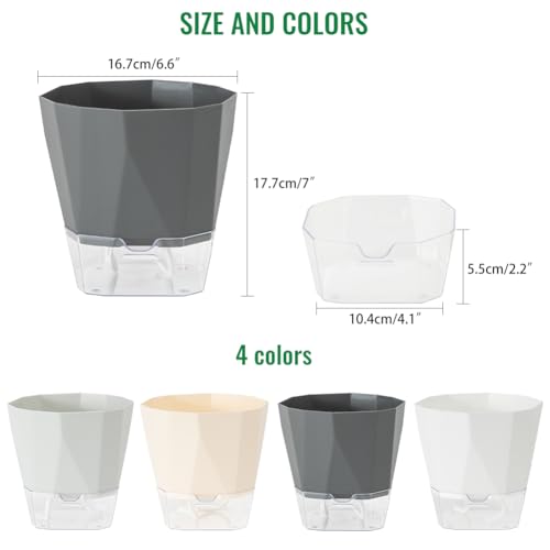 Olrla Self Watering Planter Pots 17cm, Set of 4 plastic planter with Drainage Hole and Deep Reservoir for indoor and outdoor flowers plants planting, 4 colors