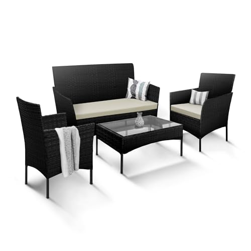 KEPLIN 4-Piece Rattan Garden Furniture Set Outdoor Lounger Sofa, Stackable Chairs & Bistro Table - UV-Resistant, Easy Storage - Patio Dining (Black)