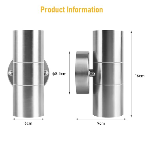 Kerry Outdoor Wall Lights, LED Up Down Mains Powered Lighting, Silver Stainless Steel IP44 Waterproof, Exterior Wall Sconce for Indoor, Front Door, Patio, Hallway, Porch, Garden, Garage, Post