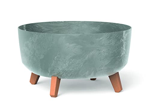 Medium Round Low Modern Look Planter Flower Plant Pot Indoor Outdoor Garden Decor Wooden Look Legs (Concrete)