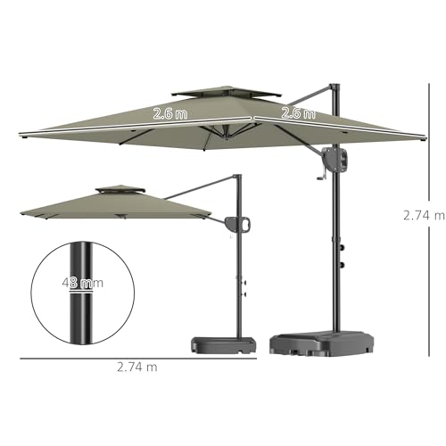 Outsunny 2.5m Garden Cantilever Parasol with Fillable Base, Up to 40kg, Double Top Garden Parasol, Square Overhanging Patio Umbrella with Crank Handle and Tilt for Outdoor Sun Shade, Light Grey