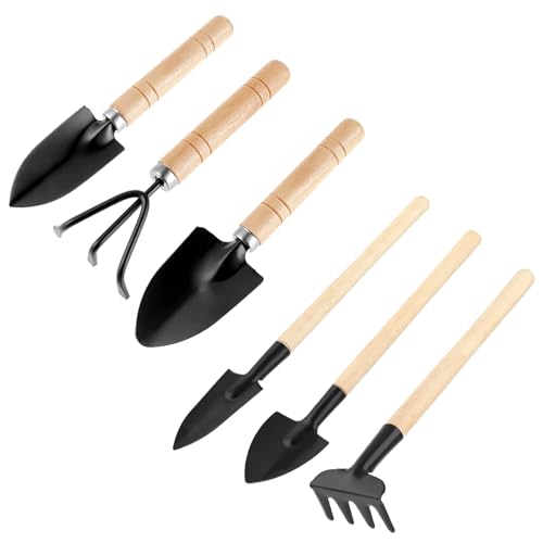 Sibba 6 Pcs Garden Tools Set Mini Miniature Shovel Indoor Succulent Home Tiny Gardening Kit Plant Potted Repotting Flower Wood Handle Care Transplant Accessories Potted Houseplant