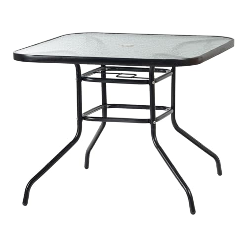 Harbour Housewares Glass Top Garden Table - Black Metal Frame Outdoor Furniture Garden Patio Furniture Modern Square Dining Table Bistro Tables for Outdoor Dining