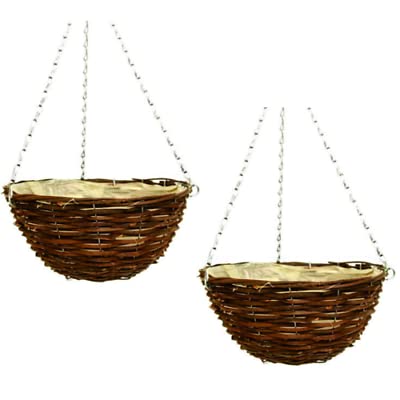 Fyne-Finds Set of 2, 30cm 12Inch Dark Brown Wicker Hanging Basket Lined Rattan Willow Weatherproof Planter