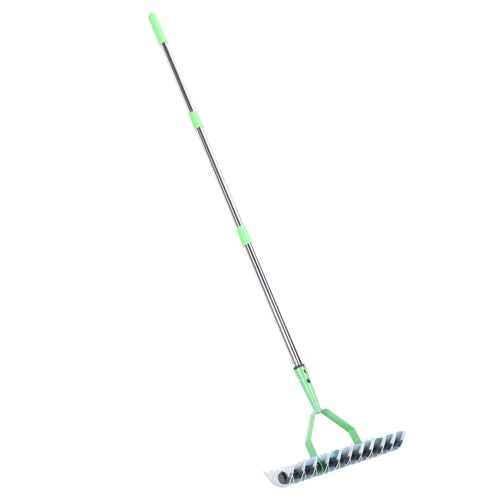 Stainless Steel Thatch Rake with Curved Steel Tines, Dethatcher Lawn Rake for Clearing Dead Grass, Ergonomic Handle, 3 Sections Rods, for Thatching, Fertilizing, Reseeding Tilling