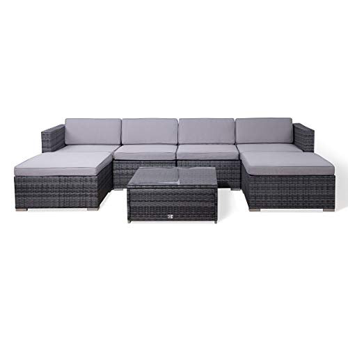 EVRE Nevada 6 Seater Outdoor Rattan Garden Furniture Set Wicker Weave Sofa Coffee Table Stool with Cushions For Patios Decks Conservatories Sectional Corner Conversation Piece (Grey)