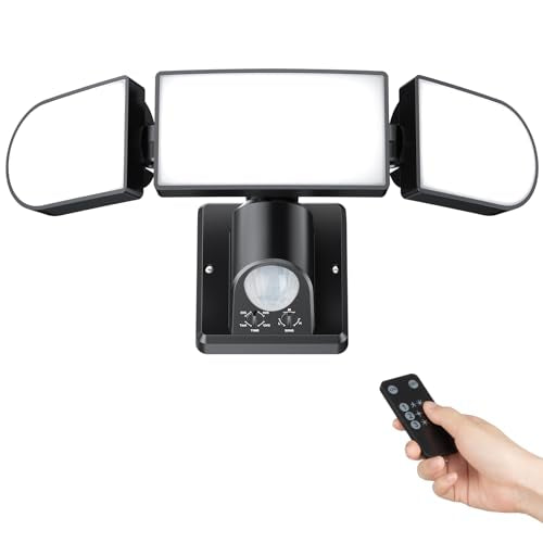 Ushine 35W Security Lights Motion Sensor, 6000LM LED Floodlights with PIR Remote Control, IP65 Waterproof Outdoor Sensor Light & 3 Adjustable Heads for Garage, Yard - Black