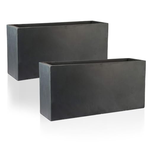 IDEALIST Set of 2 85cm Large Trough | Dark Grey Reinforced Stone Rectangle Plant Pot | Garden Planters with Drainage Holes L85 W26 H41 cm, 60 litres