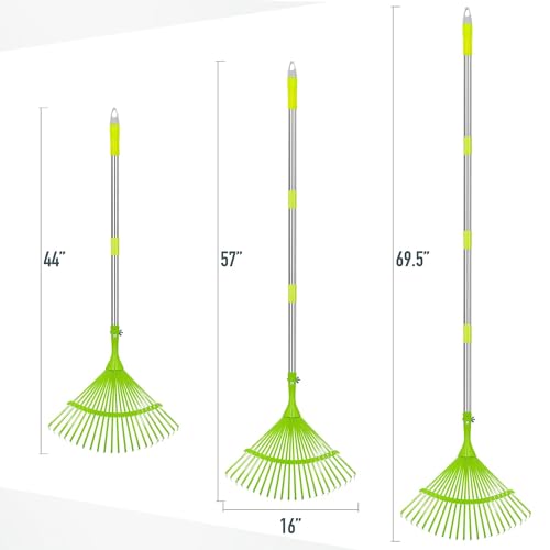 Hortem Garden Leaf Rake Set, Telescopic Rake Gardening, include 24-Teeth Aluminum Lawn Rake and Lightweight Garden Yard Leaf Scoops (Green)